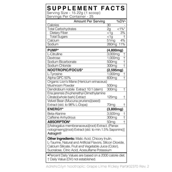 AdreN.O.lyn Nootropic Pre-Workout Supplement Facts