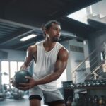 A strong man at the gym working out with weighted ball