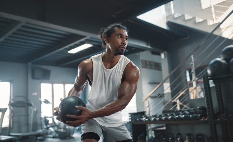 A strong man at the gym working out with weighted ball